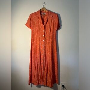 Vintage Apricot with Cream Floral Pattern Short-sleeve Button Down Dress